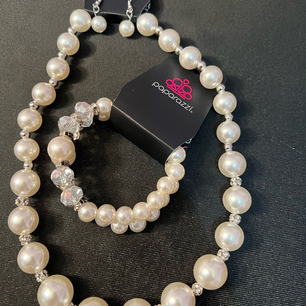 Two Piece Pearl Silver and White Rhinestone Bracelet with Necklace.